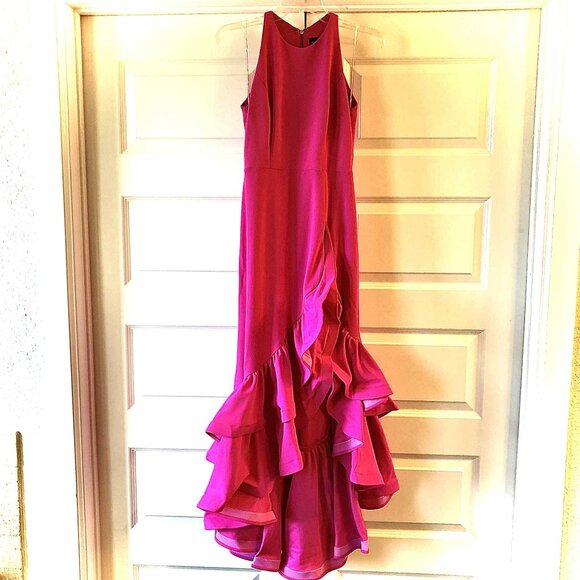BETSY & ADAM Arielle Ruffle Slit Scuba Crepe High\Low Gown Fuchsia 4P MSRP $269 - Picture 4 of 6
